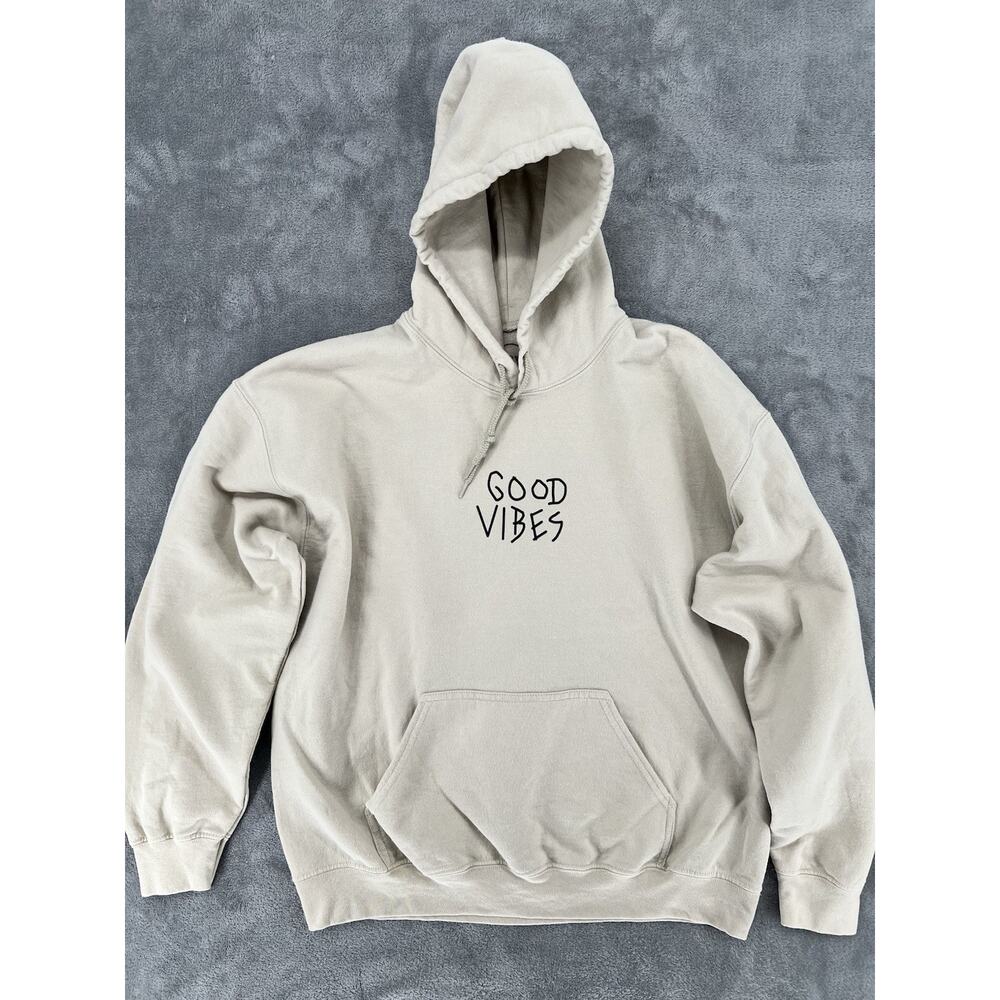 SCW Good Vibes Hoodie Neutral Beige Pullover Casual Cozy Graphic Sweatshirt L
